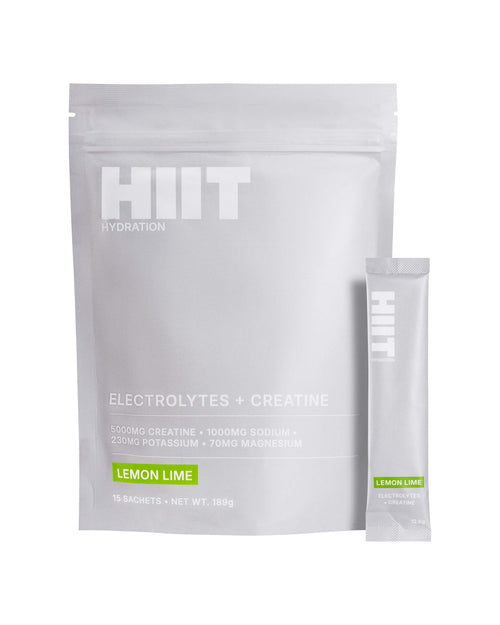 HIIT Hydration Lemon Lime electrolytes and creatine 15-sachet pouch and stick sachet