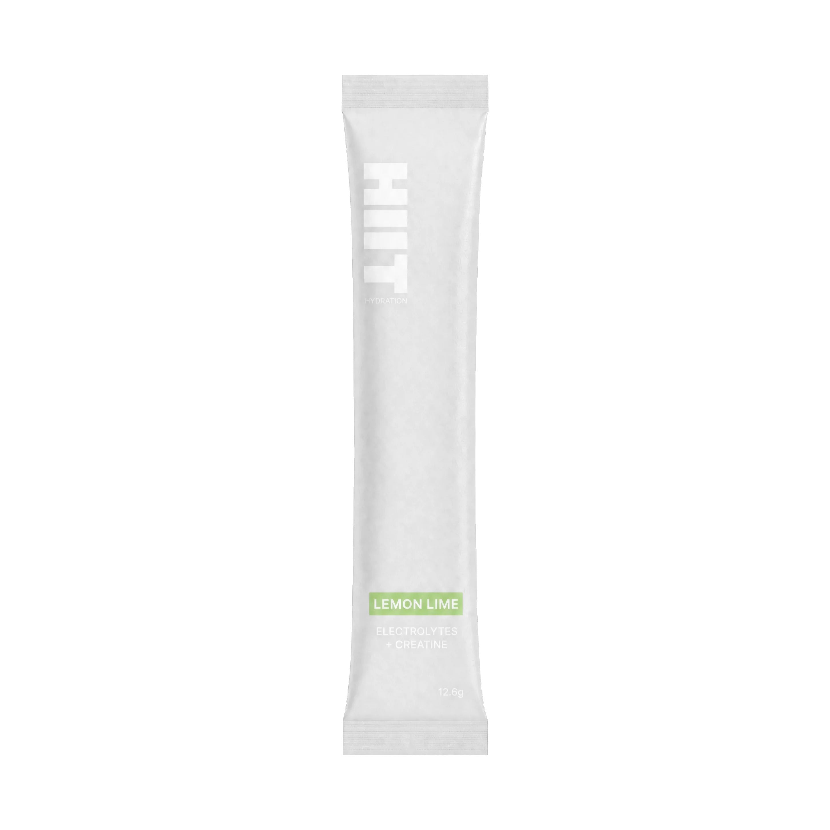 HIIT Hydration Lemon Lime electrolytes and creatine sachet on white background
