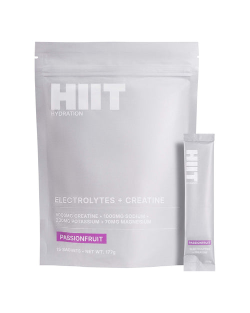 HIIT Hydration Passionfruit electrolytes and creatine 15-sachet pouch and stick sachet