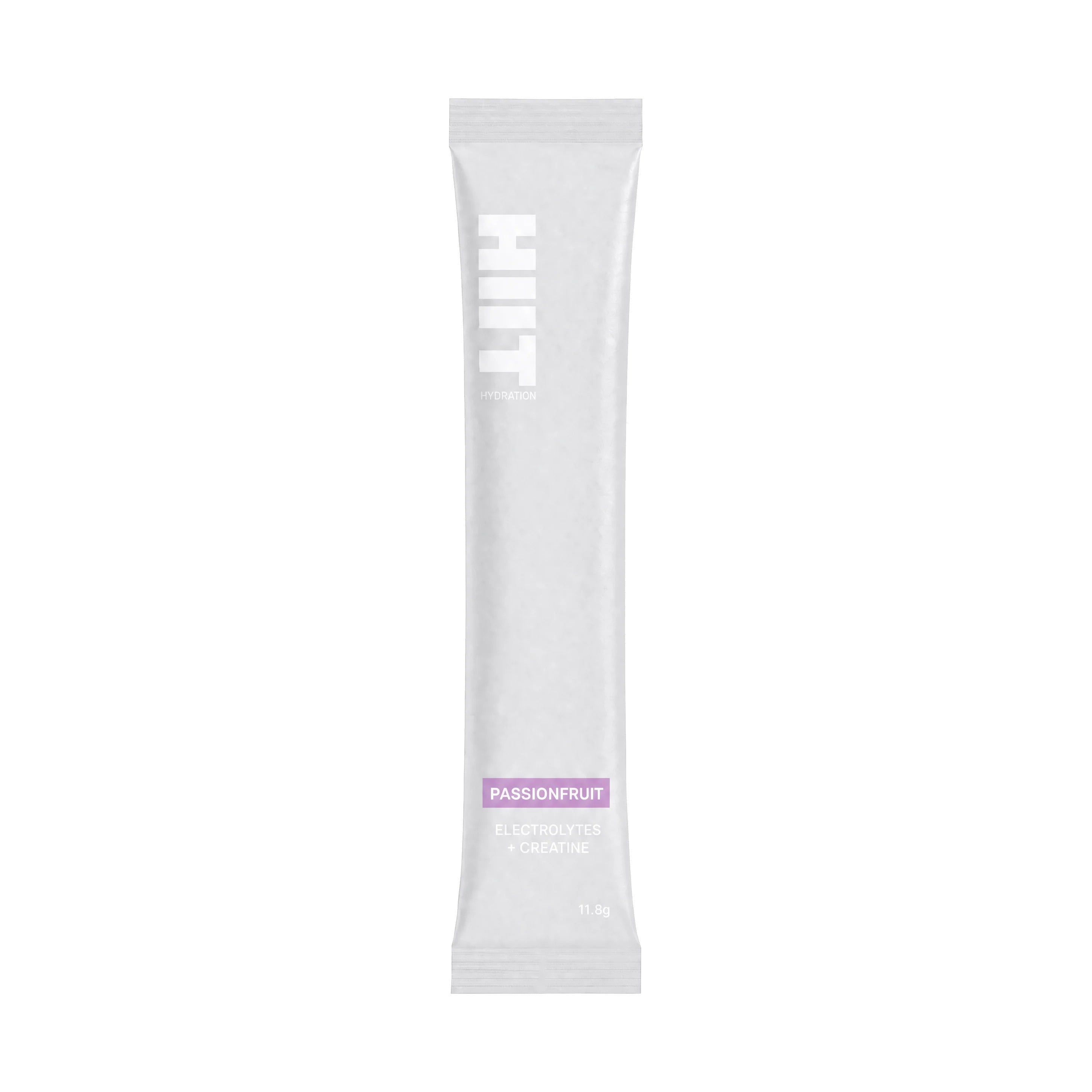 HIIT Hydration Passionfruit electrolytes and creatine sachet on white background